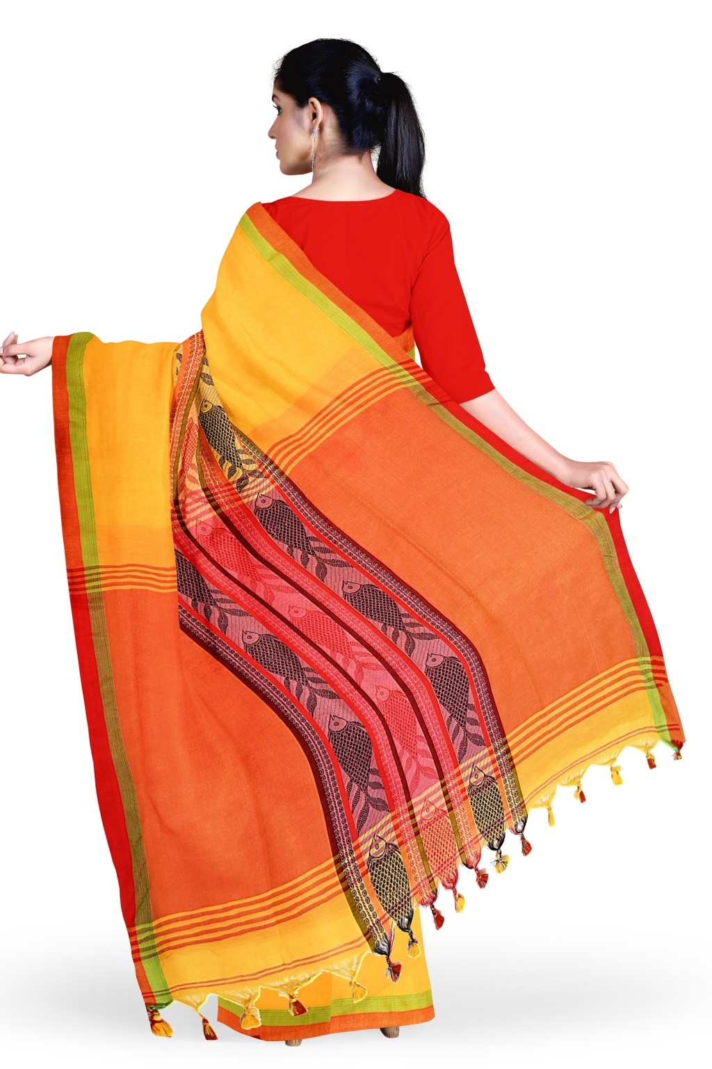 Yellow Red Pure Cotton Marine Hand Loom Saree (1279)